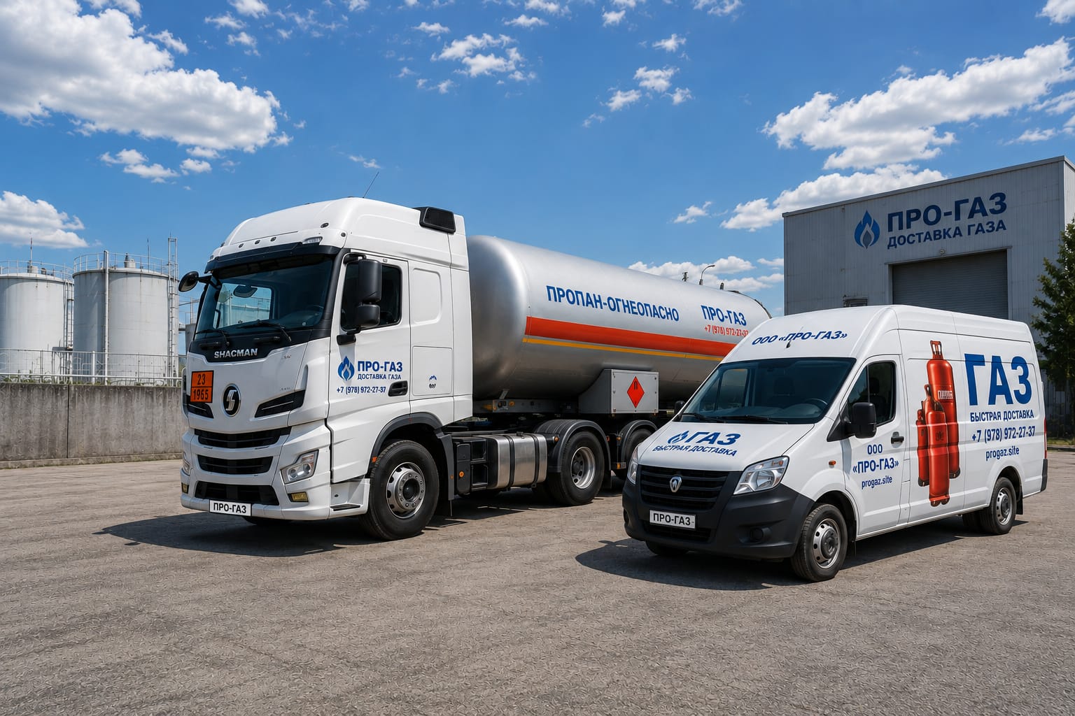 Газовоз-цистерна и сервисная газель ПРО-ГАЗ с надписью «Пропан — огнеопасно» на базе компании в Крыму: доставка бытового газа и заправка баллонов