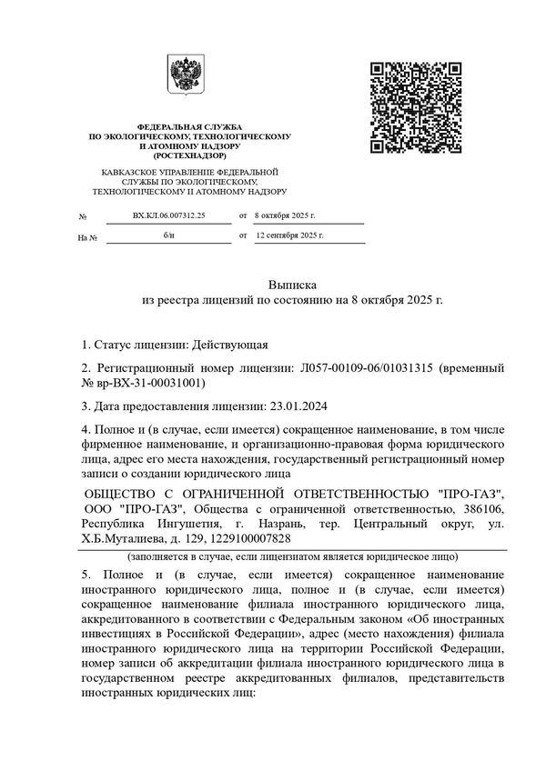 Выписка из реестра лицензий Ростехнадзора ООО ПРО-ГАЗ — страница 1